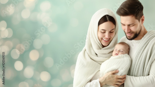 Loving Family Embracing Newborn Baby in Peaceful Nativity Scene