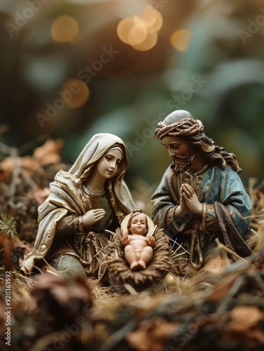 Religious Nativity Scene with Mary Joseph and Baby Jesus in Peaceful Nature photo