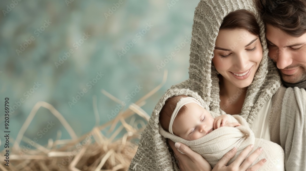 Obraz premium Loving Family Celebrates Birth of Baby Jesus in Nativity Scene