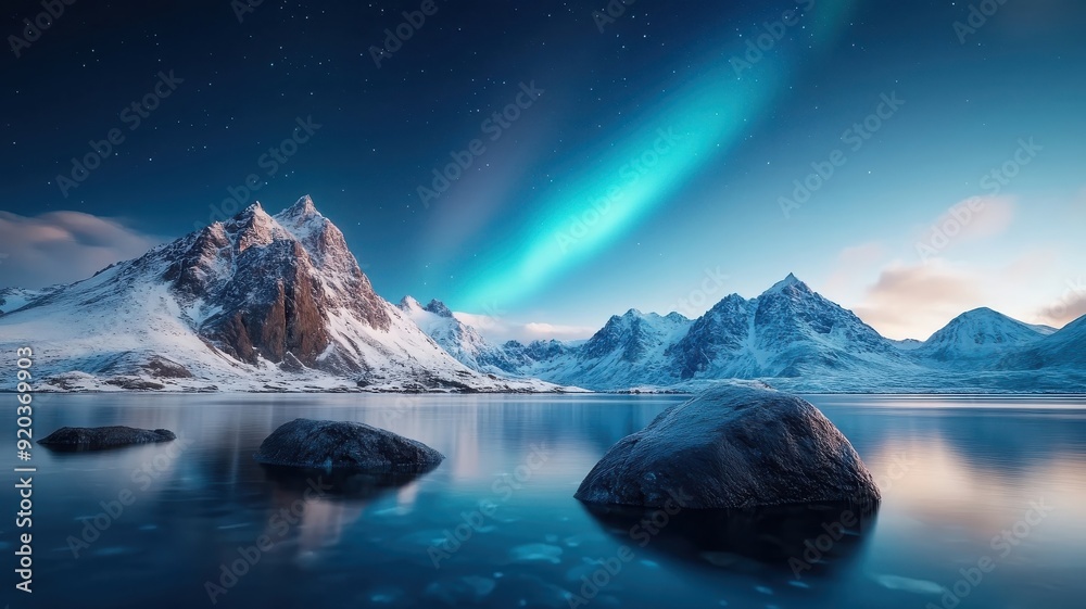 Naklejka premium Vibrant 3D scene of Milky Way and Northern Lights over rugged terrain, colorful glow, mesmerizing sky.