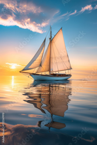 A sailboat is sailing on a calm sea at sunset