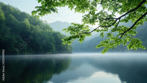 Peaceful lakeside at dawn with mist over the water, surrounded by forest, reflecting the soft morning light.