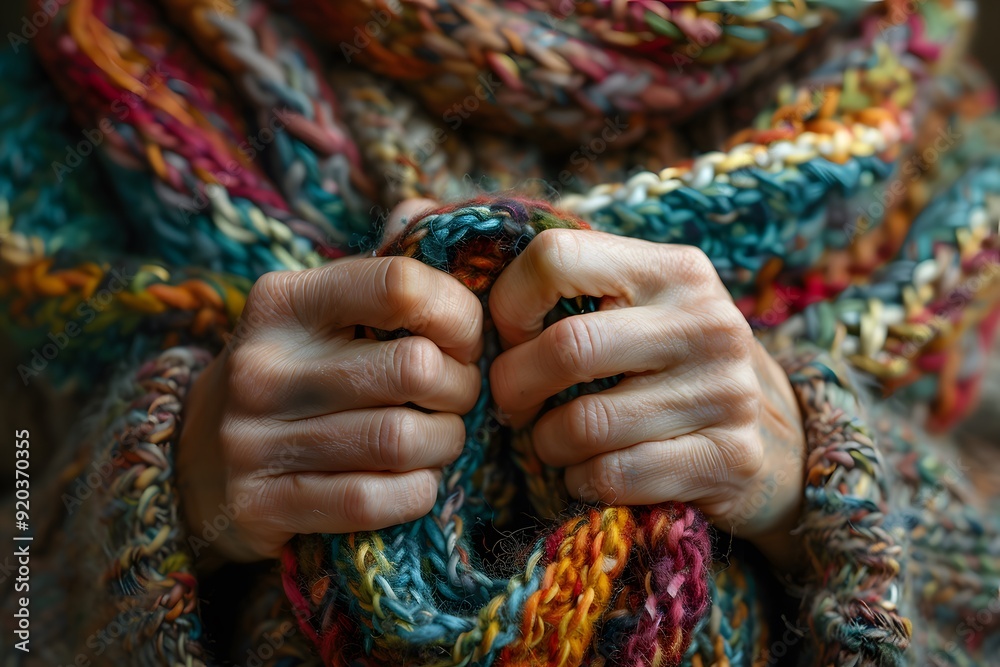 Cozy Embrace: Hands Clutching a Colorful Knitted Scarf Cozy Embrace: Hands Clutching a Colorful Knitted Scarf