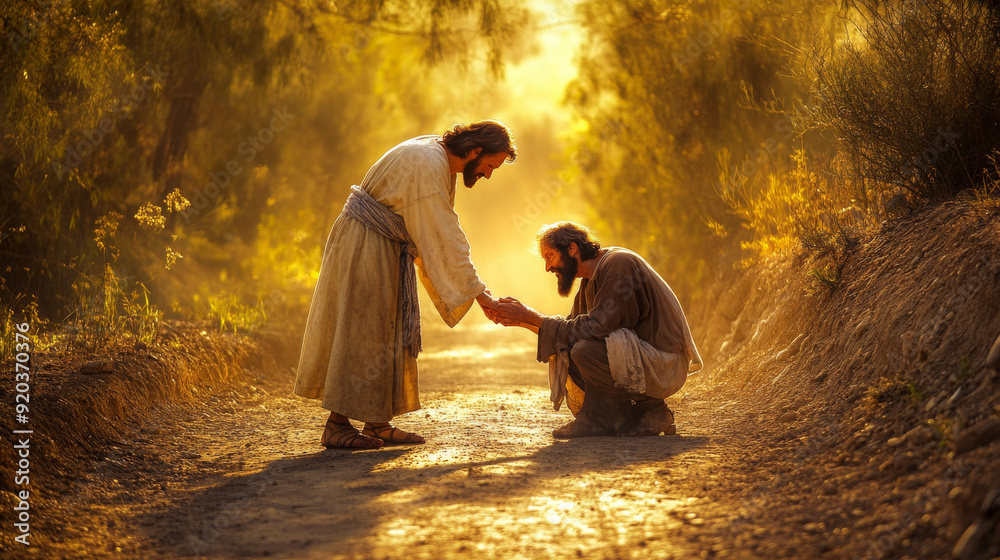 Jesus healing a blind man on a dusty road