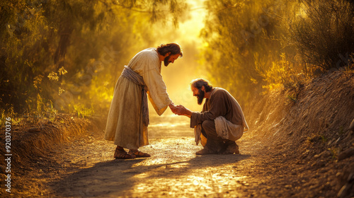 Obraz na płótnie Jesus healing a blind man on a dusty road w salonie