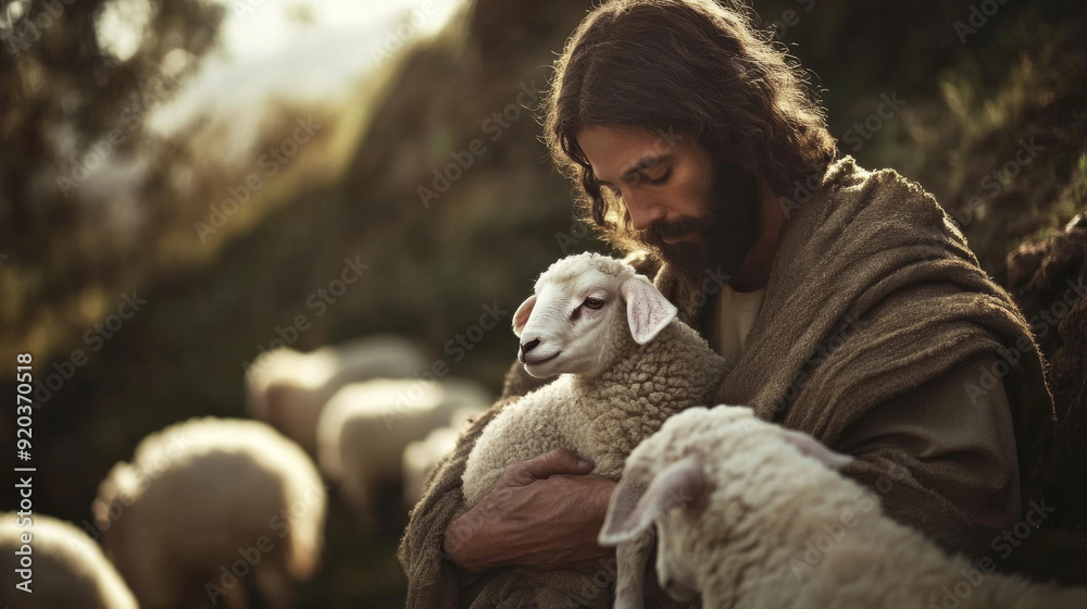 Jesus holding a lamb and surrounded by sheep Jesus holding a lamb and surrounded by sheep