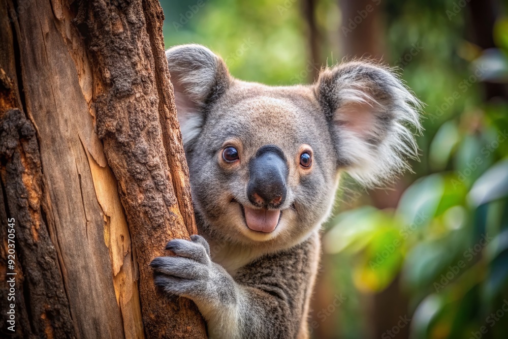 Fototapeta premium Adorable koala bear peeking out from behind a thick tree trunk, grasping with one hand, and flashing a charming smile directly at the camera.