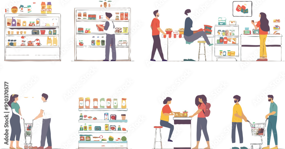 Set of different customers in a grocery store. People make purchases of food and drinks Vector flat illustrations on a white background Set of different customers in a grocery store. People make purchases of food and drinks Vector flat illustrations on a white background