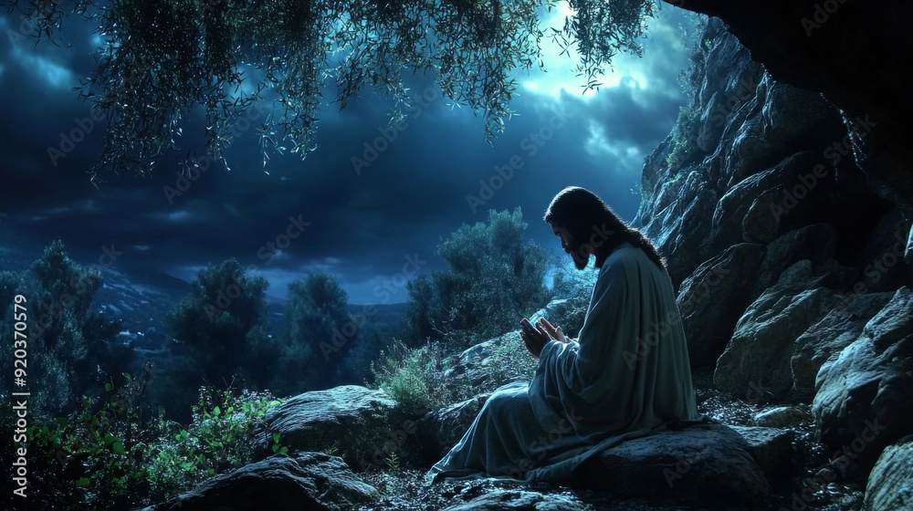 Jesus praying in the Garden of Gethsemane at night