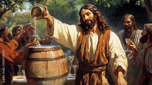 Jesus performing the miracle of turning water into wine