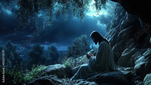 Obraz na płótnie Jesus praying in the Garden of Gethsemane at night w salonie
