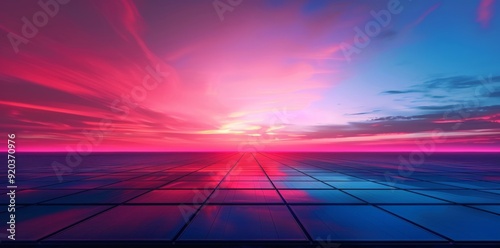 A captivating sunset over solar panels features a vibrant red and blue sky  creating a stunning contrast between the renewable energy technology and the natural beauty of the evening sky. 