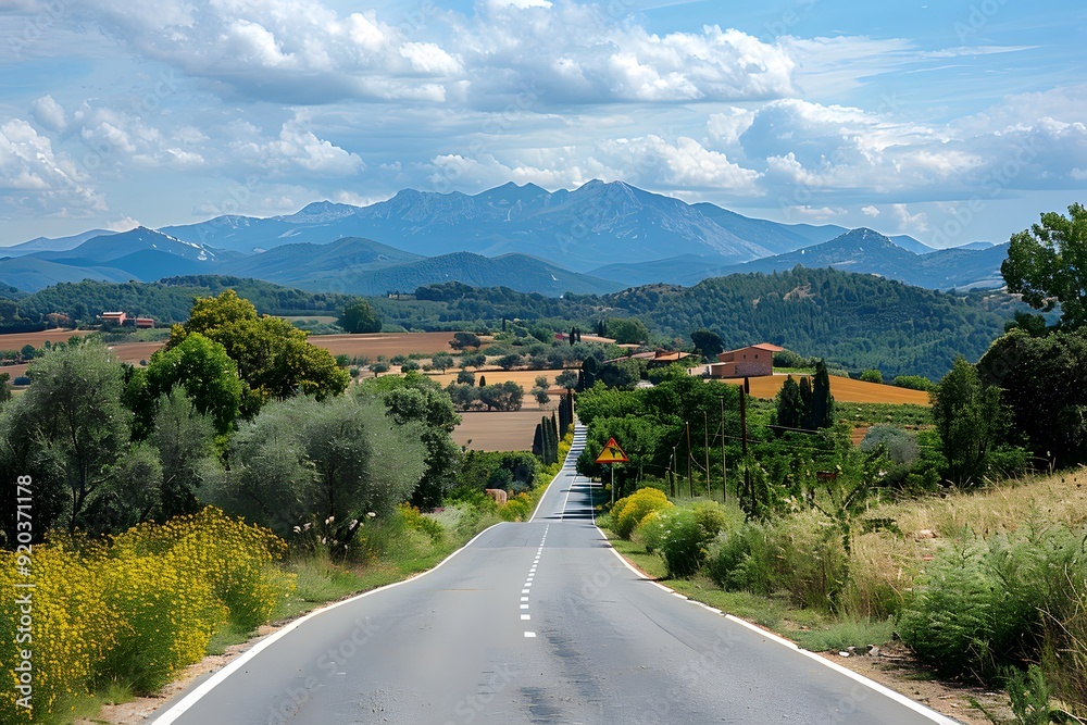 Scenic Road Leading to Majestic Mountains Under a Blue Sky Scenic Road Leading to Majestic Mountains Under a Blue Sky