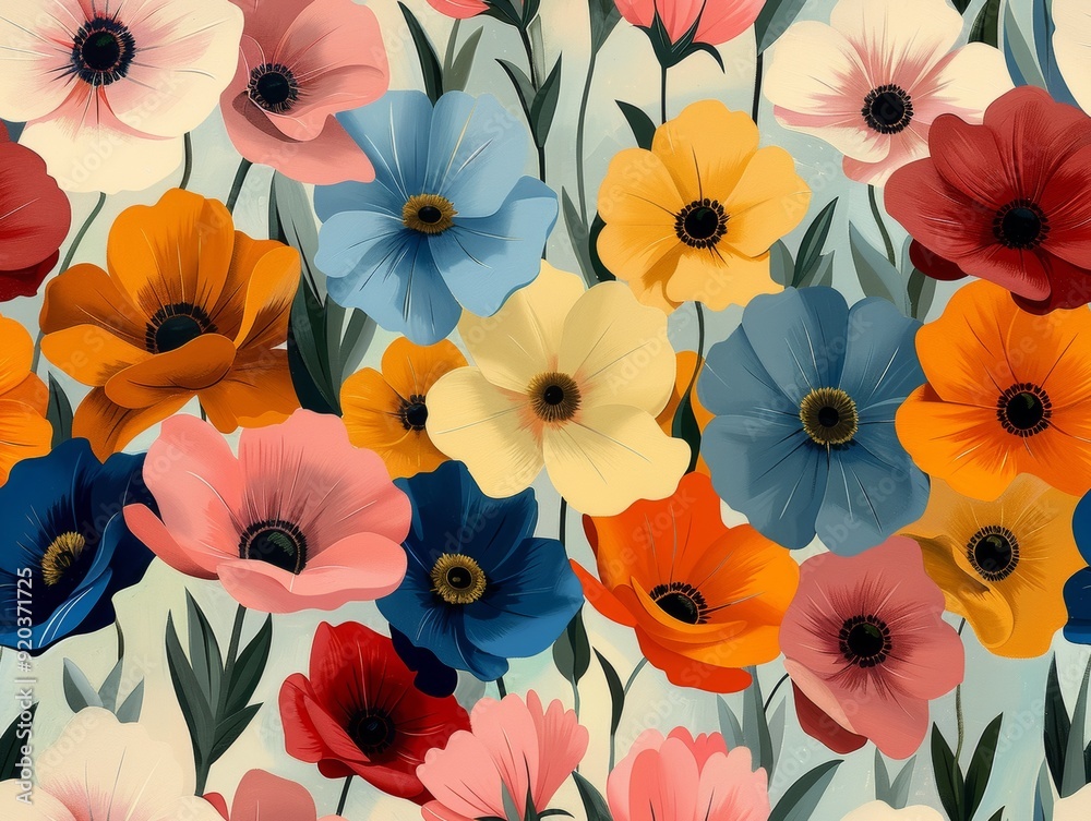 Vibrant Floral Pattern in Minimalist Illustrated Style Vibrant Floral Pattern in Minimalist Illustrated Style