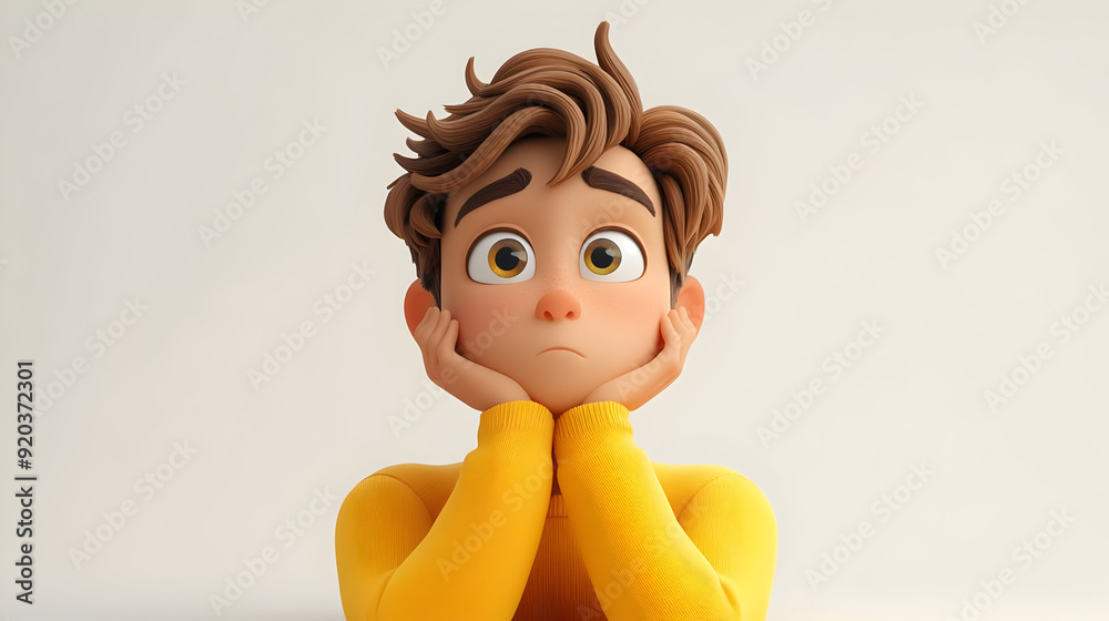 A thoughtful animated character with a worried expression, resting chin on hands.