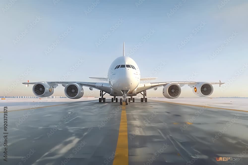 A large passenger aircraft readies itself for departure on a snowy airstrip A large passenger aircraft readies itself for departure on a snowy airstrip