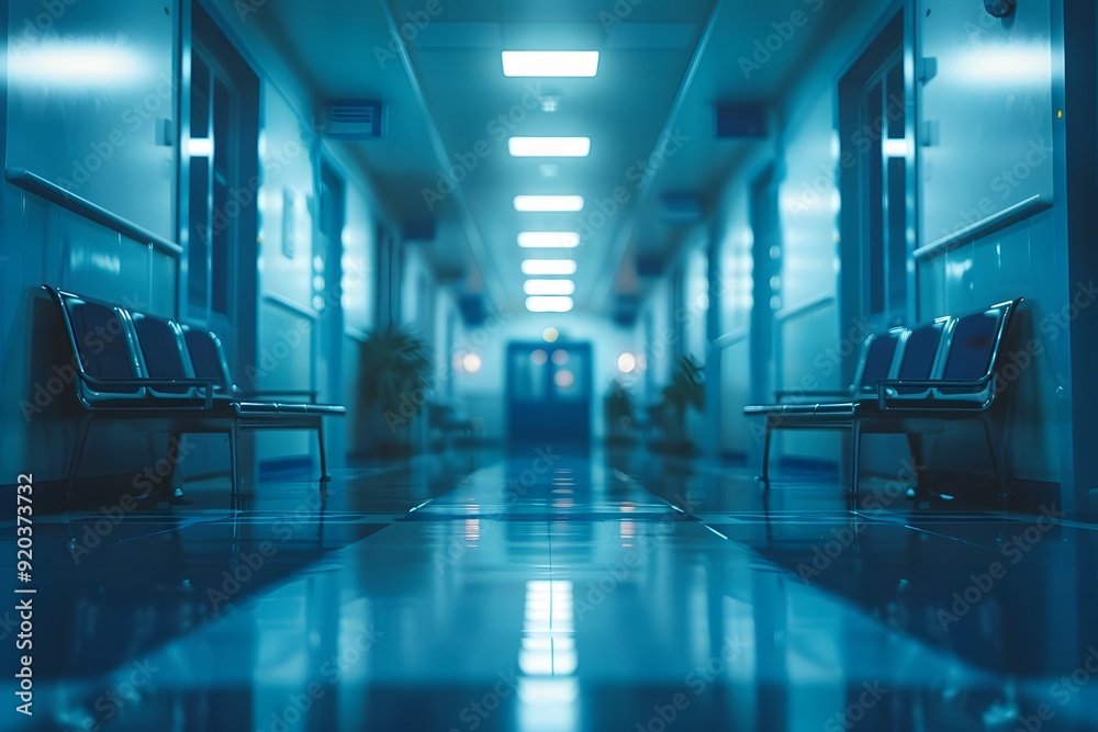 Serene Blue-Hued Hospital Corridor with Waiting Area Serene Blue-Hued Hospital Corridor with Waiting Area
