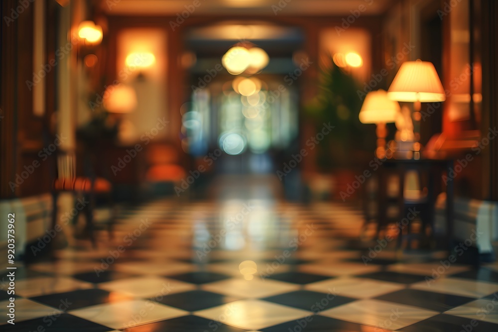 Fototapeta premium Elegant Hotel Corridor with Classic Checkered Floor and Soft Lighting