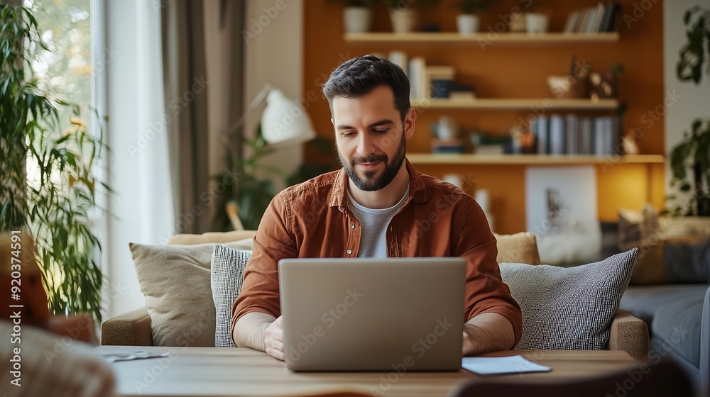 Man working on laptop at home Man working on laptop at home