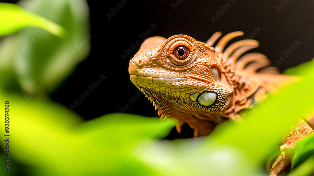 Red Iguana Curiosity: A vibrant red iguana peers out from lush green foliage, its captivating gaze drawing the viewer into the heart of the rainforest. Red Iguana Curiosity: A vibrant red iguana peers out from lush green foliage, its captivating gaze drawing the viewer into the heart of the rainforest.