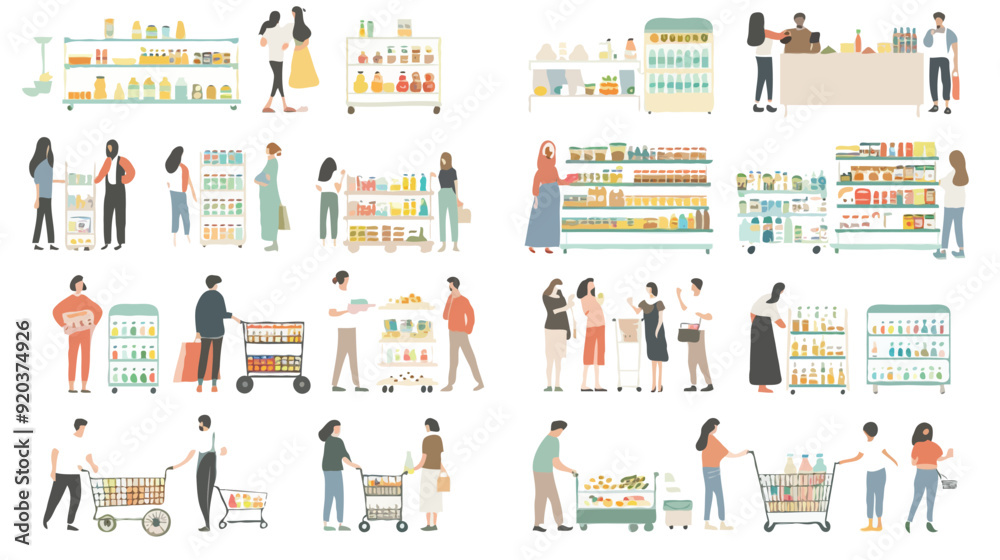 Set of different customers in a grocery store. People make purchases of food and drinks Vector flat illustrations on a white background Set of different customers in a grocery store. People make purchases of food and drinks Vector flat illustrations on a white background