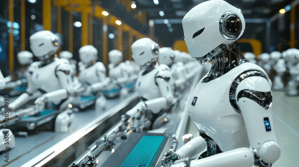 Rows of automated robots working on an assembly line Rows of automated robots working on an assembly line