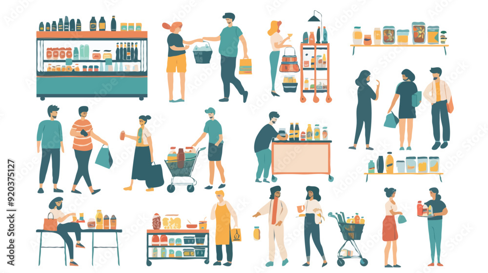 Set of different customers in a grocery store. People make purchases of food and drinks Vector flat illustrations on a white background Set of different customers in a grocery store. People make purchases of food and drinks Vector flat illustrations on a white background