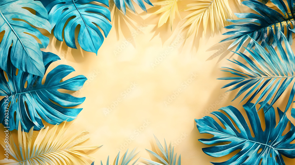 Tropical leaves frame a warm background, ideal for summer-themed designs. Tropical leaves frame a warm background, ideal for summer-themed designs.
