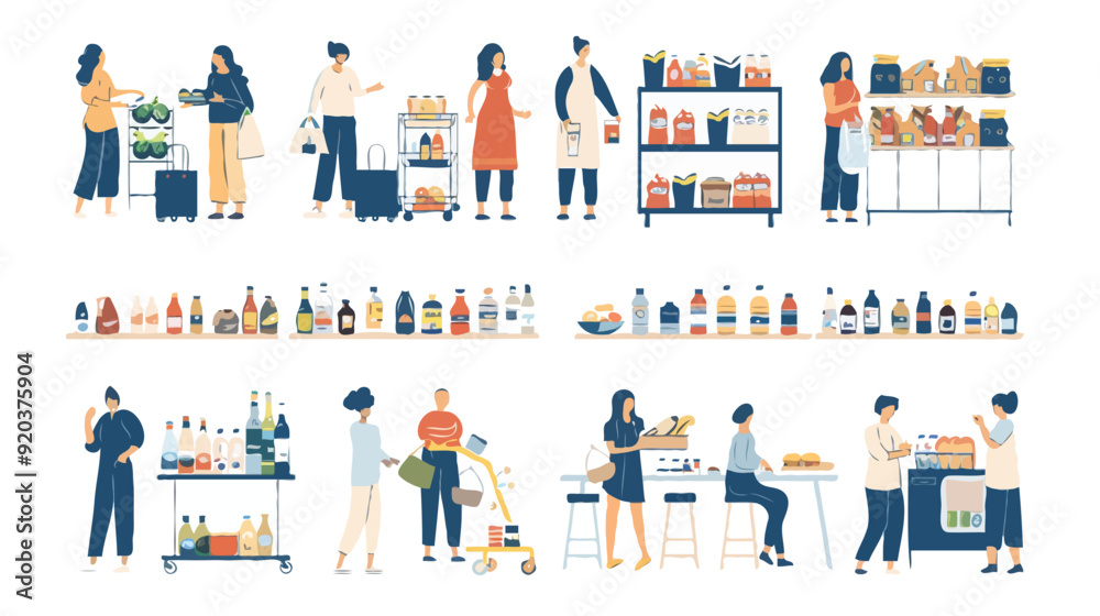 Set of different customers in a grocery store. People make purchases of food and drinks Vector flat illustrations on a white background Set of different customers in a grocery store. People make purchases of food and drinks Vector flat illustrations on a white background