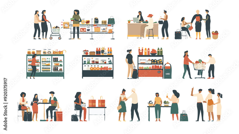 Set of different customers in a grocery store. People make purchases of food and drinks Vector flat illustrations on a white background Set of different customers in a grocery store. People make purchases of food and drinks Vector flat illustrations on a white background
