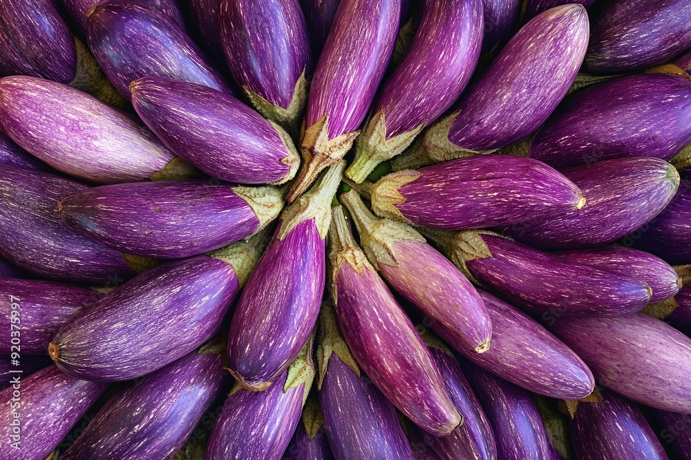 Creative presentation of eggplants arranged in a circular pattern, featuring vibrant purple and detailed texture Creative presentation of eggplants arranged in a circular pattern, featuring vibrant purple and detailed texture