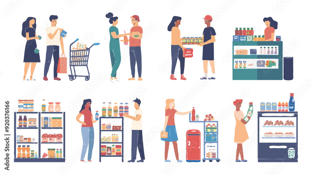 Set of different customers in a grocery store. People make purchases of food and drinks Vector flat illustrations on a white background Set of different customers in a grocery store. People make purchases of food and drinks Vector flat illustrations on a white background
