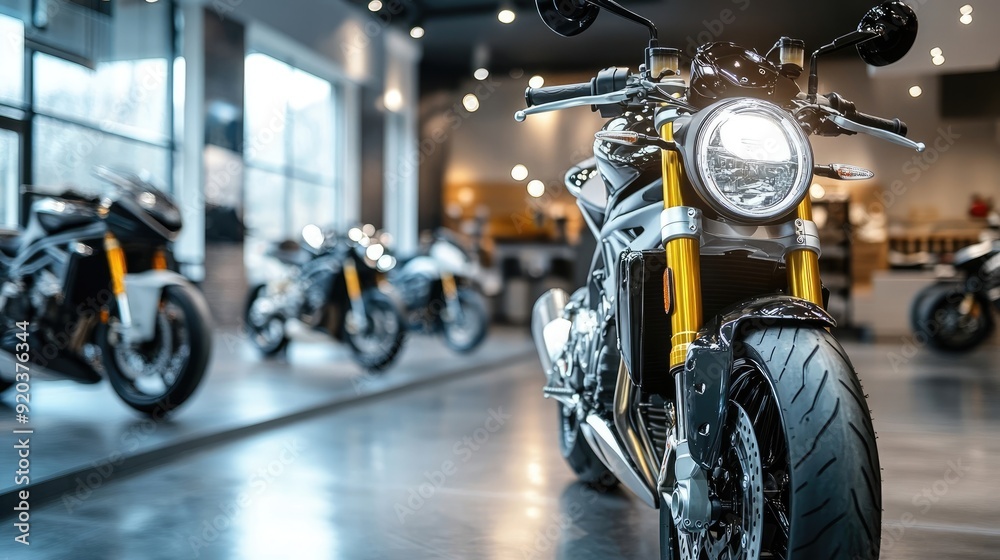 Fototapeta premium Modern Motorcycle Display with Headlight On in a High-End Showroom