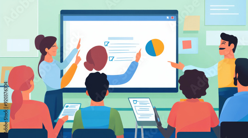 Teacher explaining a concept with a digital whiteboard