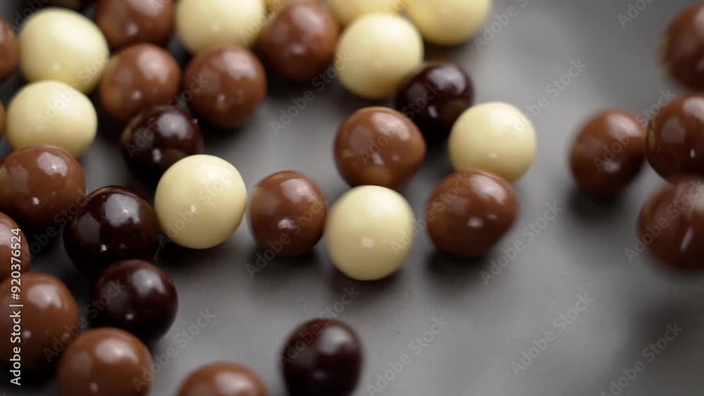 Falling round chocolate dragee balls of dark and milk chocolate into an empty plate in slow motion. Confectionery candies Falling round chocolate dragee balls of dark and milk chocolate into an empty plate in slow motion. Confectionery candies