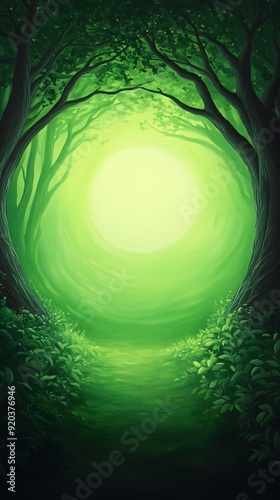 Wallpaper Mural A mystical green forest path leads to a bright, glowing circle in the distance.  The trees frame the path, creating a sense of mystery and wonder. Torontodigital.ca