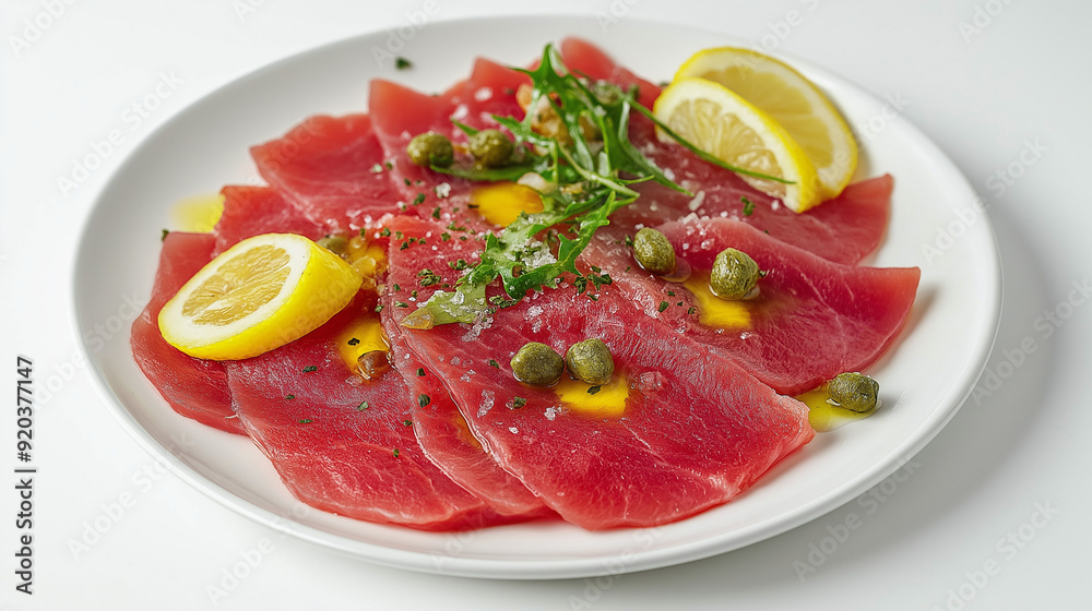 Simplified Tuna Carpaccio with Lemon Wedges and Parsley on Porcelain
Simplified Tuna Carpaccio with Lemon Wedges and Parsley on Porcelain