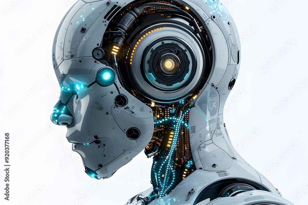 Futuristic Robot Profile with Intricate Circuitry and LED Highlights Futuristic Robot Profile with Intricate Circuitry and LED Highlights