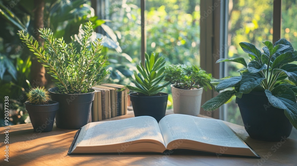 Open Book on a Wooden Table with Greenery Open Book on a Wooden Table with Greenery