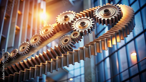 Upwardly spiraling staircase of connected gears, symbolizing growth, expansion, and adaptation, with blurred background and shallow depth of field emphasizing the central concept. photo