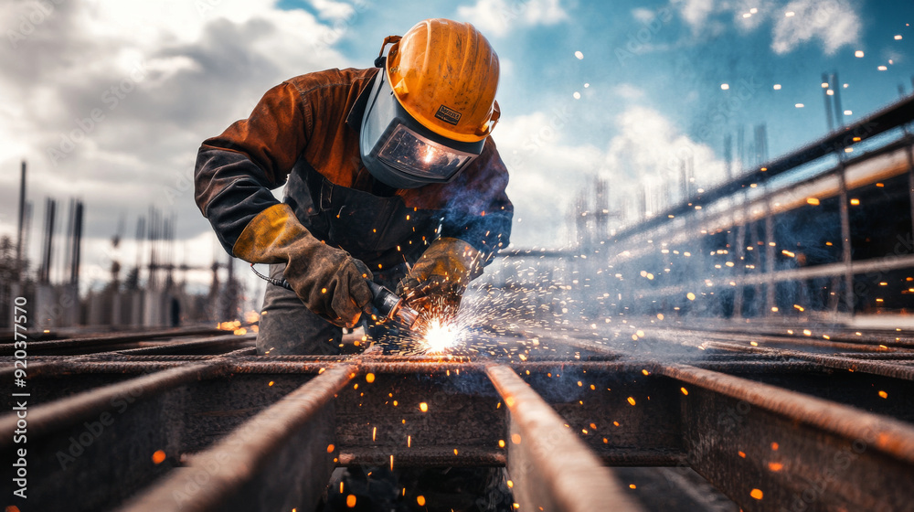 Welder working on a metal bridge construction
