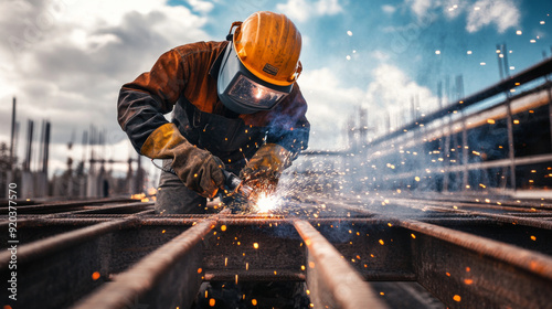 Obraz na płótnie Welder working on a metal bridge construction w salonie