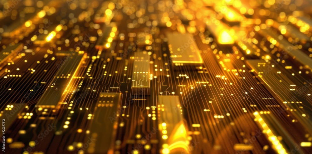 Golden bars set against a futuristic digital circuit background create a striking contrast between luxurious elegance and high-tech design. Golden bars set against a futuristic digital circuit background create a striking contrast between luxurious elegance and high-tech design.
