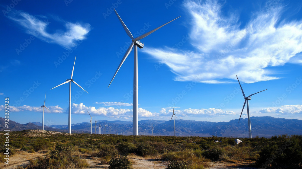 Wind farm with multiple turbines under a blue sky Wind farm with multiple turbines under a blue sky