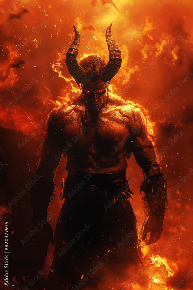 demon or lucifer standing in flames in hell demon or lucifer standing in flames in hell