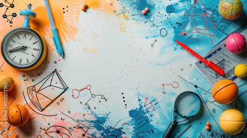 Wallpaper Mural Abstract background with colorful objects, hand drawn elements, and blue and orange paint splatters. Torontodigital.ca