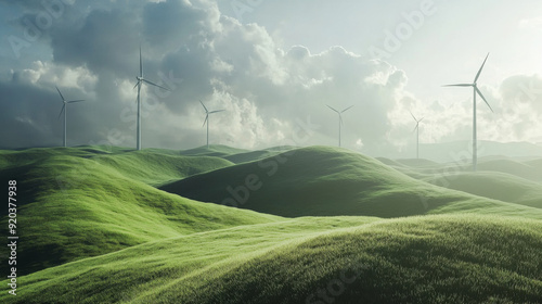 Wind turbines on a green hill generating clean energy