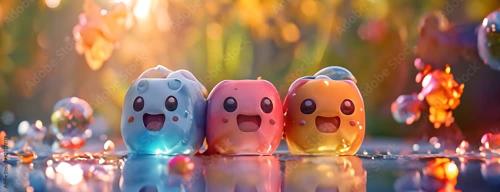Three cheerful animated characters are delighting in a sunny autumn atmosphere with colorful leaves and sparkly bubbles