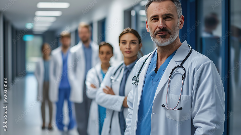 A group of doctors stand in a hallway, one of them wearing a stethoscope A group of doctors stand in a hallway, one of them wearing a stethoscope