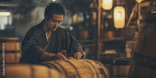 A man tends to the Sake being made at a Japanese sake brewery photo